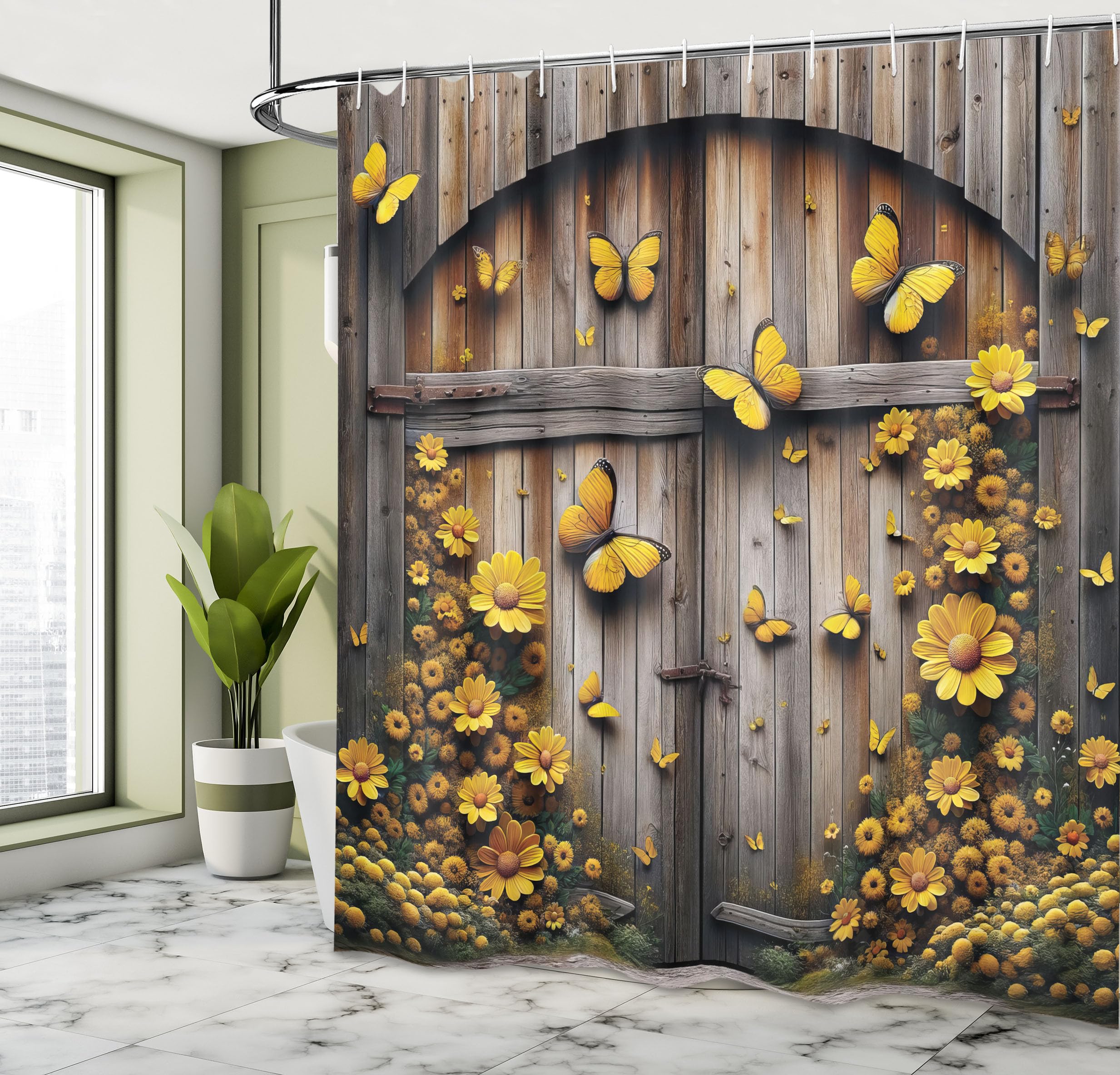 Ambesonne Rustic Shower Curtain, Wooden Barn With Yellow Tone Butterflies And Flowers Farmhouse Romance, Cloth Fabric Bathroom D